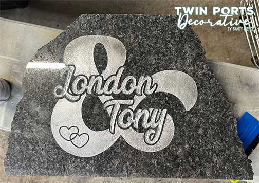 sandblasted and paint filled quartz slab